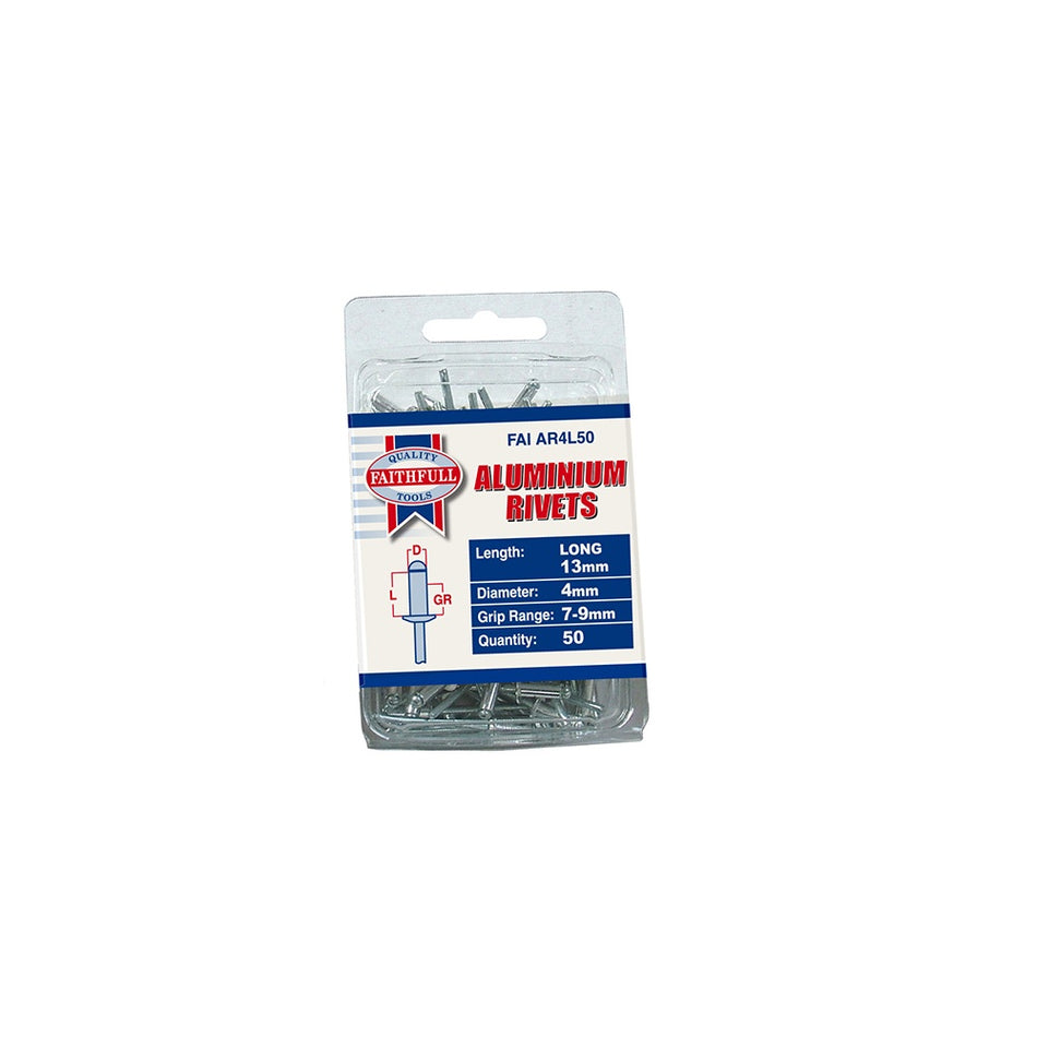 Faithfull Aluminium Rivets 4mm x 13mm Long Pre-Pack of 50