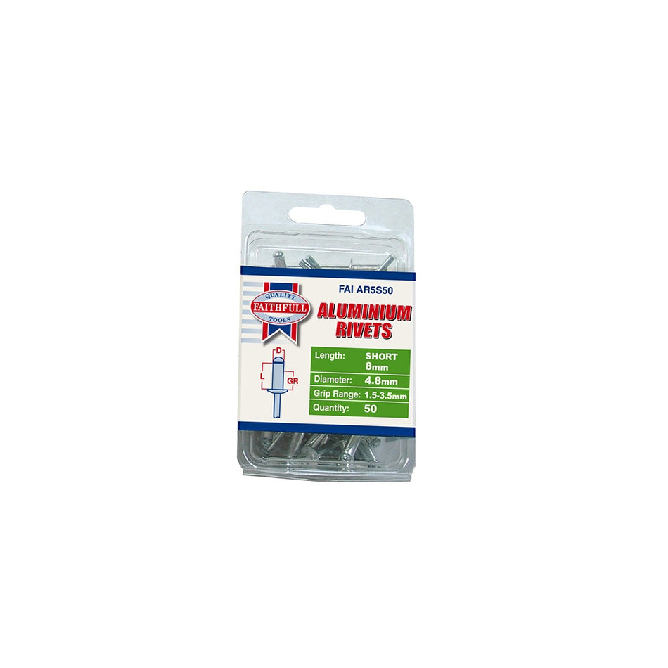 Faithfull Aluminium Rivets 4.8mm x 8mm Short Pre-Pack of 50