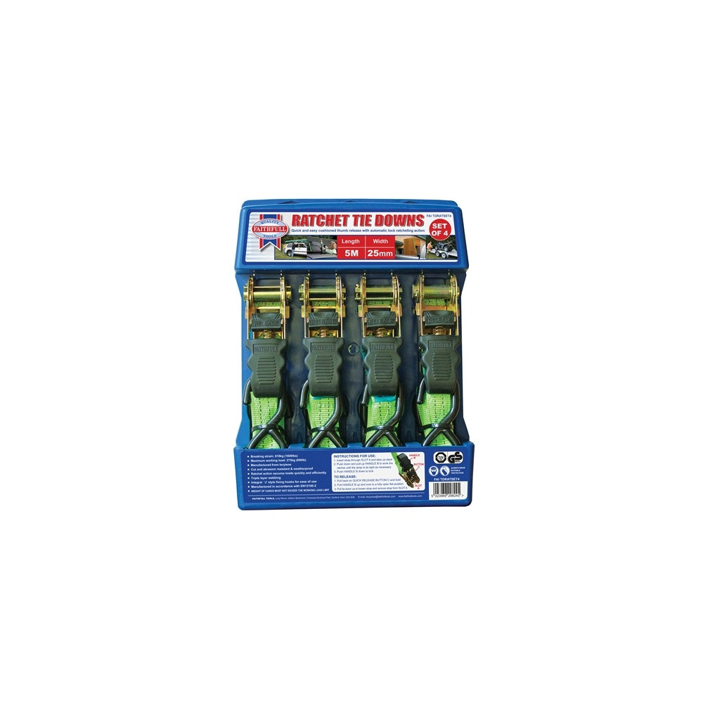 Faithfull Ratchet Tie Downs (4) 5M x 25mm Green