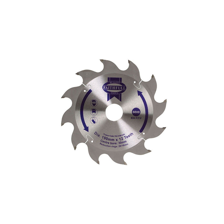 Faithfull Circular Saw Blade 190 x 16/20/30mm x 12T Fast Rip