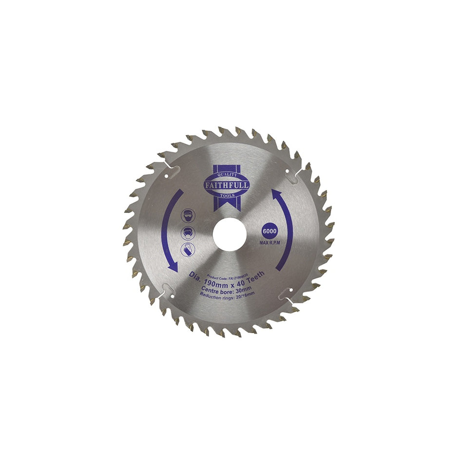 Faithfull Circular Saw Blade 190 x 16/20/30mm x 40T Fine Cross Cut