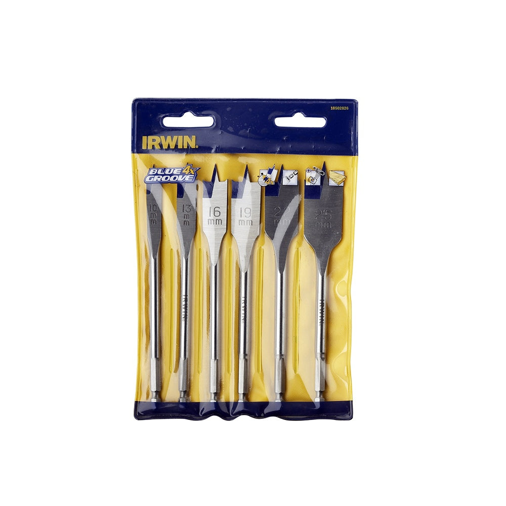 IRWIN 4x Blue Groove Flat Bit Set of 6: 10, 13, 16, 19, 22 & 25mm