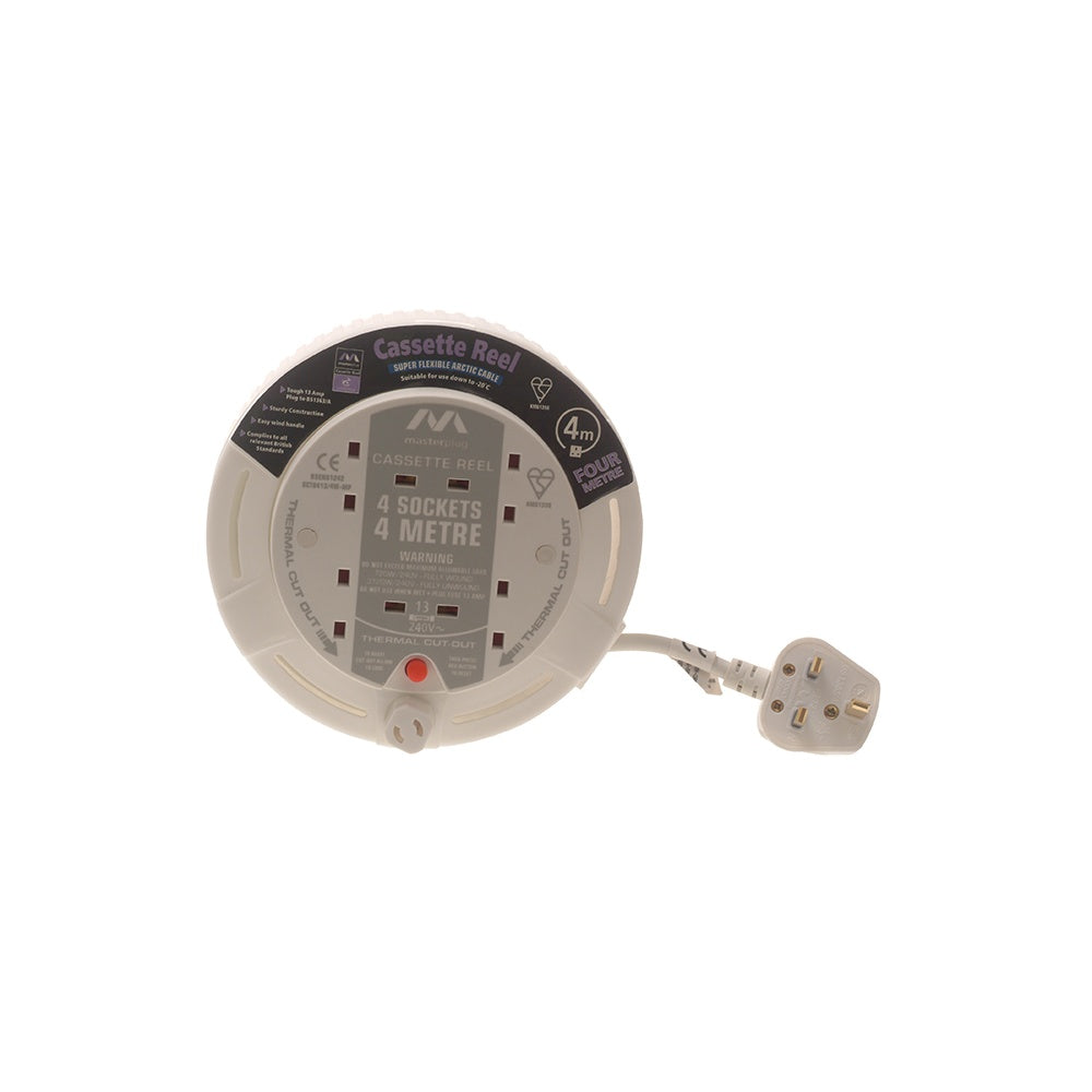 Masterplug Cassette Cable Reel 4 Metre 4 Socket Thermal Cut-Out White 13A 240 Volt