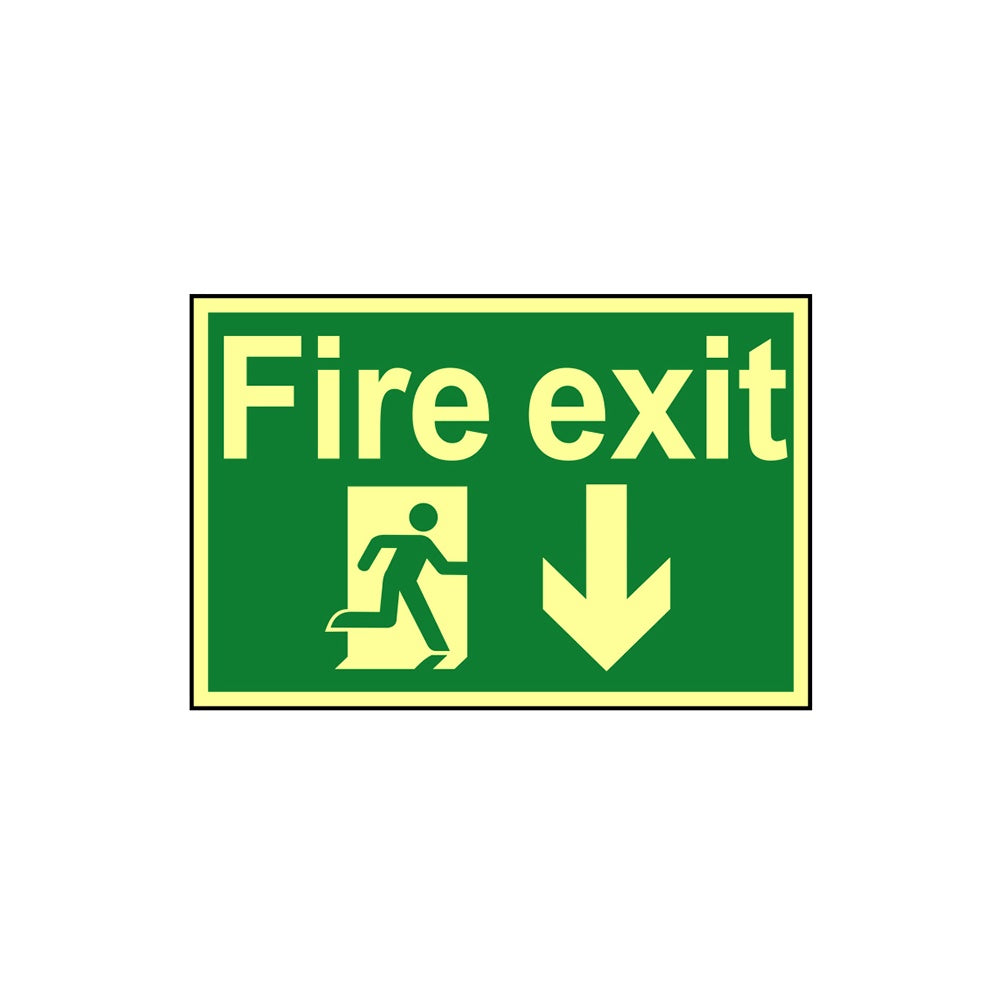 Scan Fire Exit Running Man Arrow Down - Photoluminescent 300 x 200mm