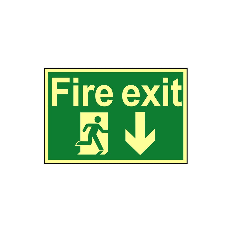 Scan Fire Exit Running Man Arrow Down - Photoluminescent 300 x 200mm