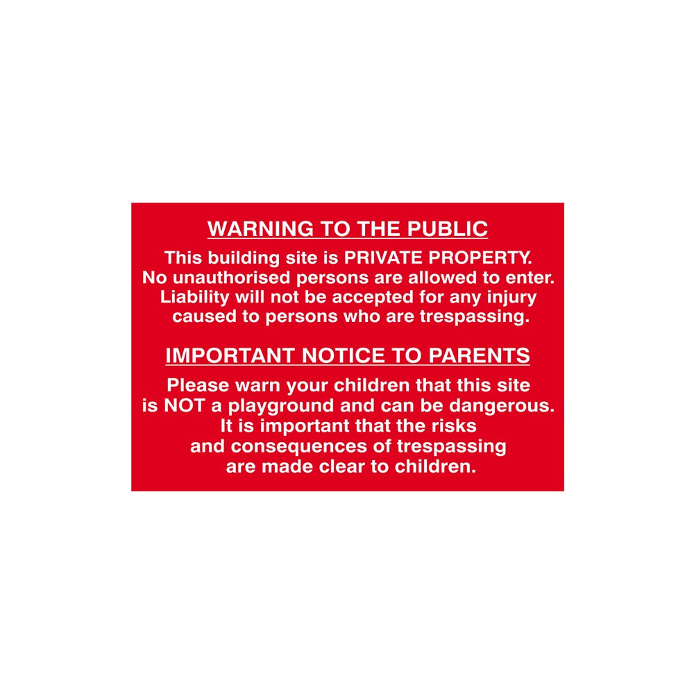 Scan Building Site Warning To Public And Parents - PVC 600 x 400mm