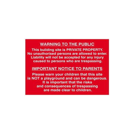 Scan Building Site Warning To Public And Parents - PVC 600 x 400mm