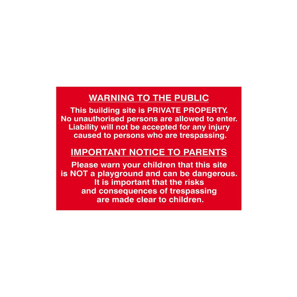 Scan Building Site Warning To Public And Parents - PVC 600 x 400mm