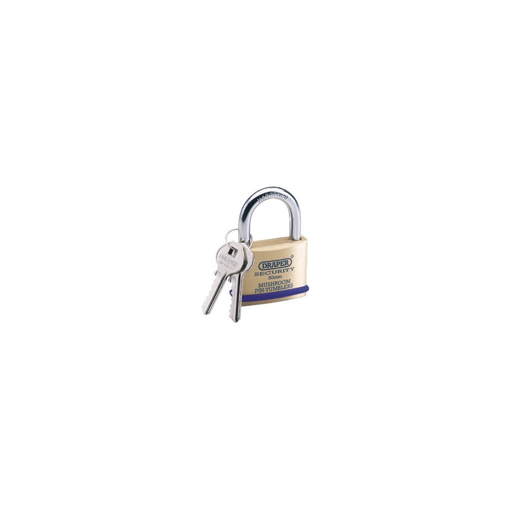 DRAPER 50mm Solid Brass Padlock and 2 Keys with Mushroom Pin Tumblers Hardened Steel Shackle and Bumper: Model No.8302/50