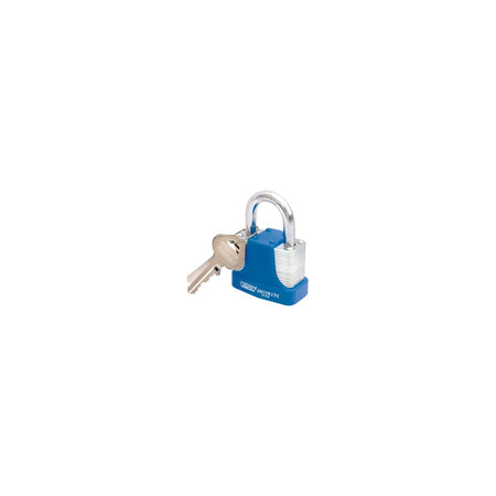 DRAPER 44mm Laminated Steel Padlock and 2 Keys with Hardened Steel Shackle and Bumper: Model No.8308/44
