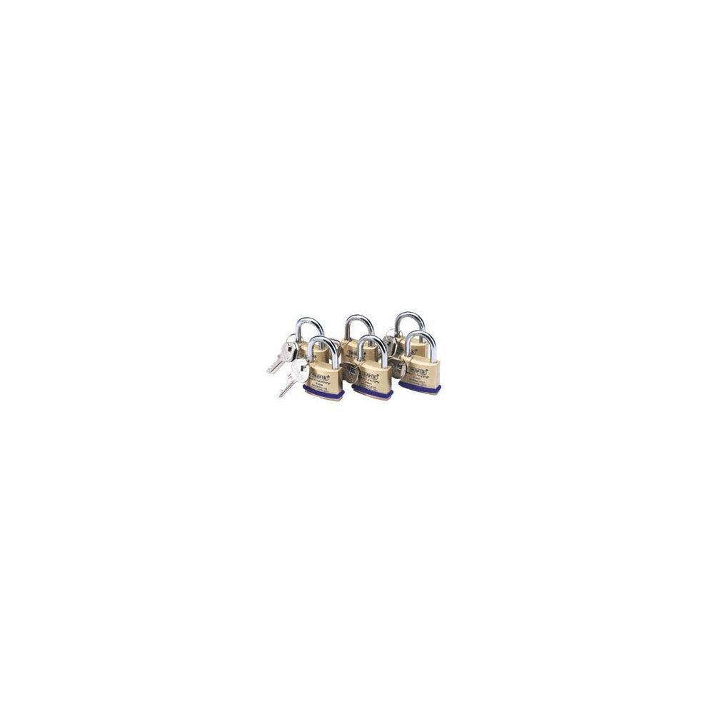 DRAPER Pack of 6 x 40mm Solid Brass Padlocks with Hardened Steel Shackle: Model No.8302/40/KA