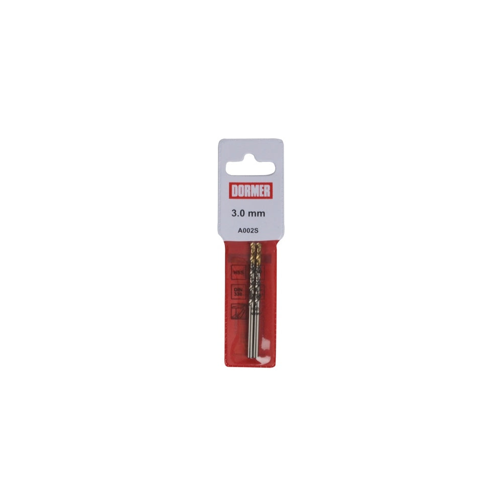Dormer A002 HSS-TiN Coated Jobber Drill 3.0mm Pouch of 2 OL:61mm WL:33mm