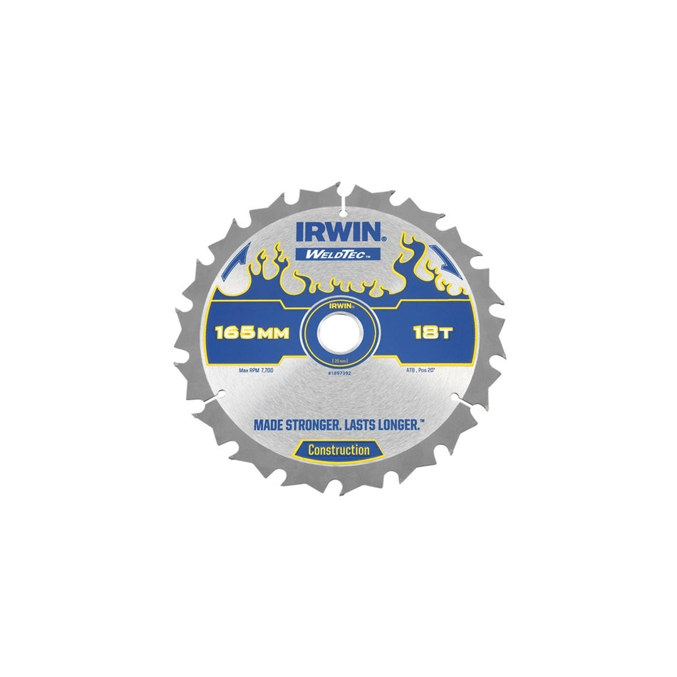 IRWIN Weldtec Cordless Circular Saw Blade 165 x 20mm x 18T ATB C