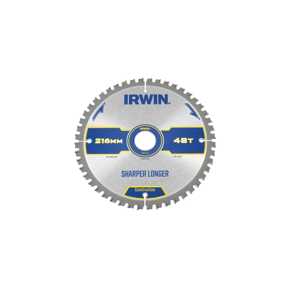 IRWIN Construction Circular Saw Blade 216 x 30mm x 48T ATB/Neg M