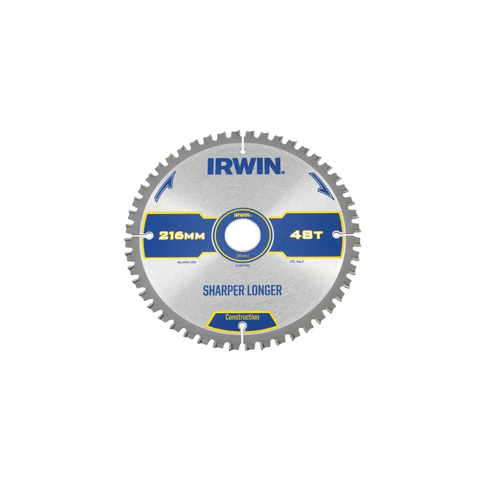 IRWIN Construction Circular Saw Blade 216 x 30mm x 48T ATB/Neg M