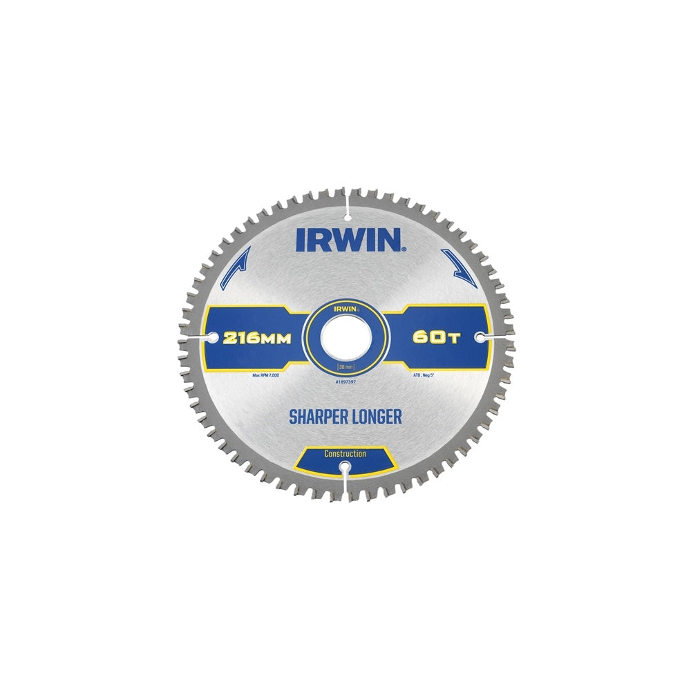 IRWIN Construction Circular Saw Blade 216 x 30mm x 60T ATB/Neg M