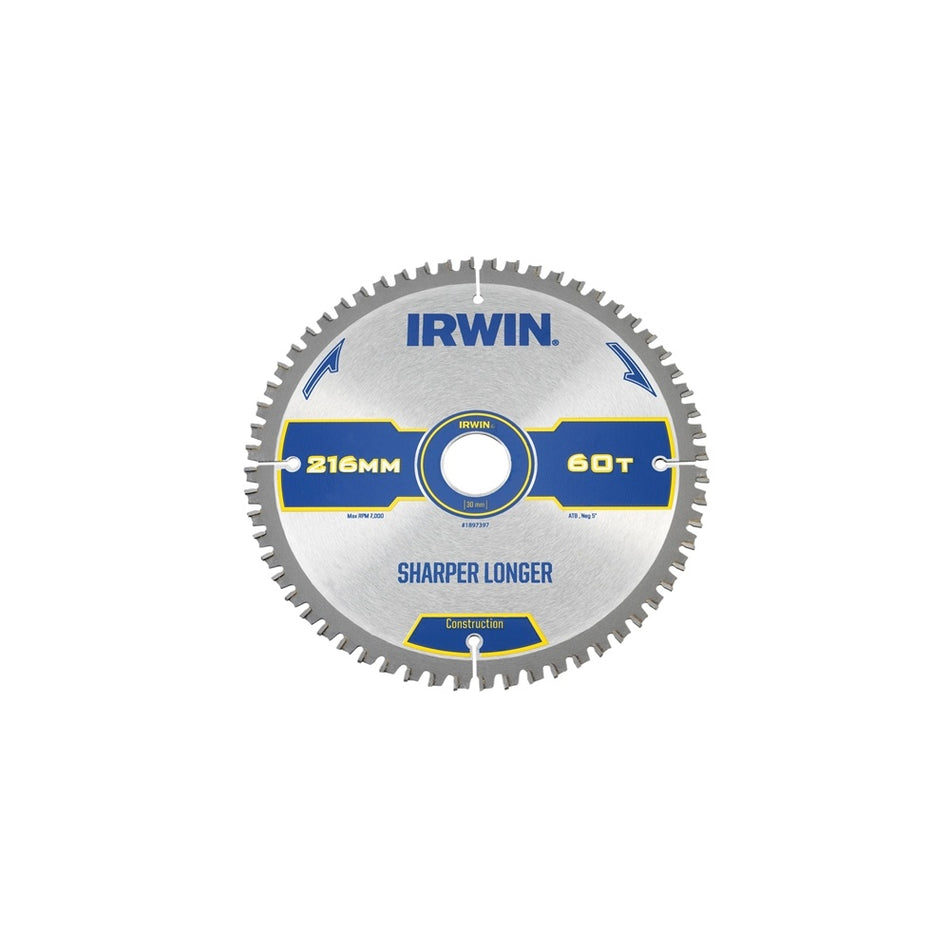 IRWIN Construction Circular Saw Blade 216 x 30mm x 60T ATB/Neg M