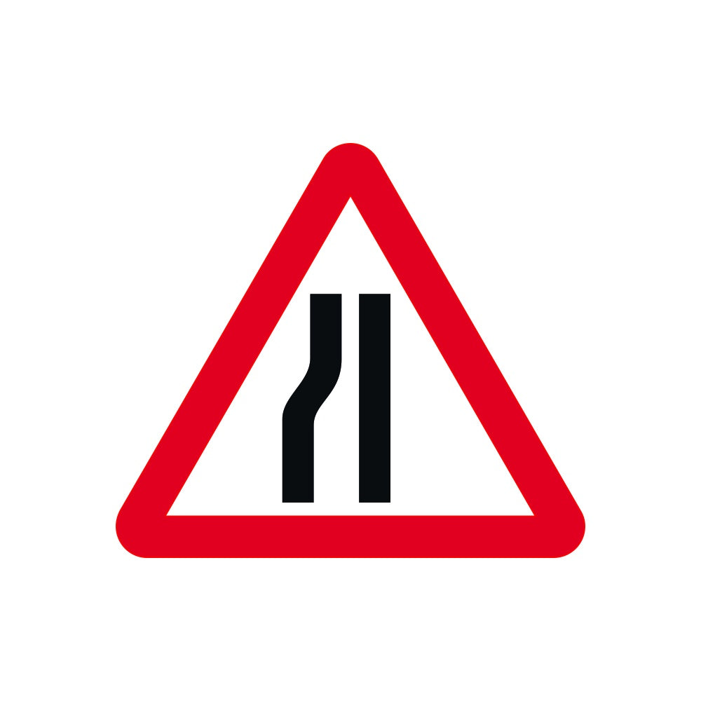 Road narrows nearside - Classic Roll up traffic sign (750mm Tri)