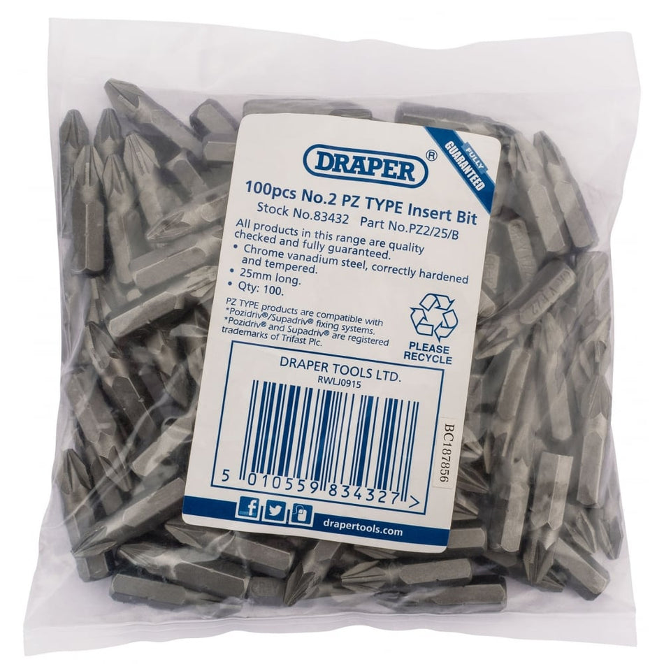 No.2 PZ TYPE 1/4" Insert Bits (Bag of 100) Model. No. PZ2/25/B