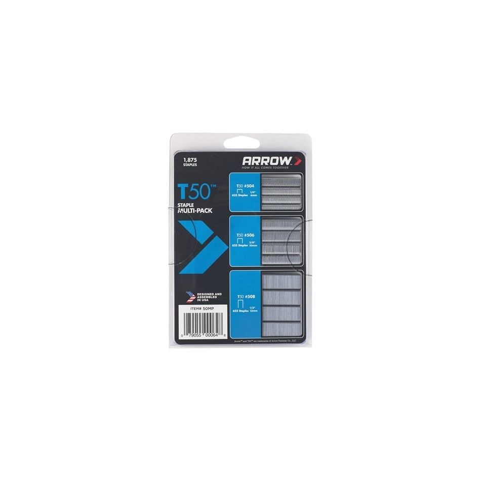 Arrow T50 Staples Multi Pack 6mm, 10mm & 12mm Box 1875 (3 x 625): Model No- A50MP