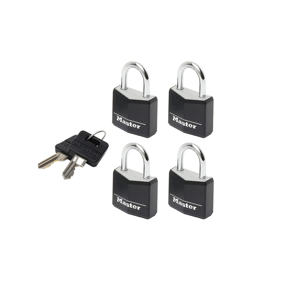 Master Lock Aluminium Black Vinyl Cover 20mm Padlock 3 Pin - Keyed Alike x 4
