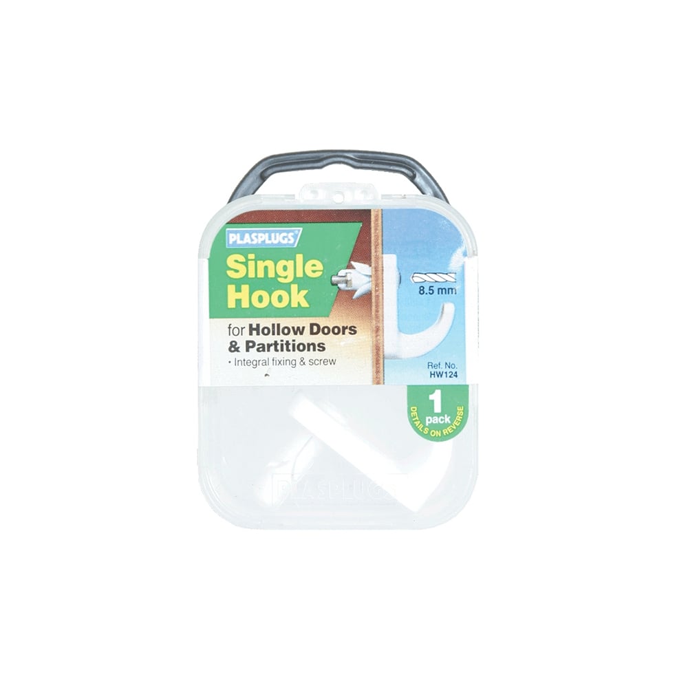 Plasplugs HW 124 Single Hollow Door Hook (1) White