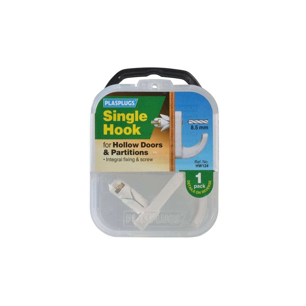 Plasplugs HW 124 Single Hollow Door Hook (1) White