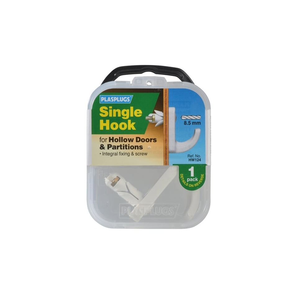Plasplugs HW 124 Single Hollow Door Hook (1) White