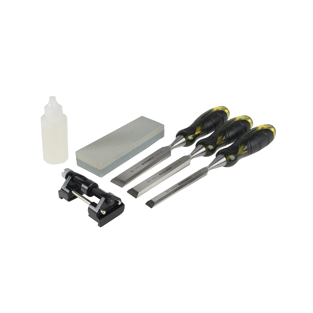 Roughneck Professional Bevel Edge Chisel Set of 3 & Sharpening Kit 13, 19 & 25mm