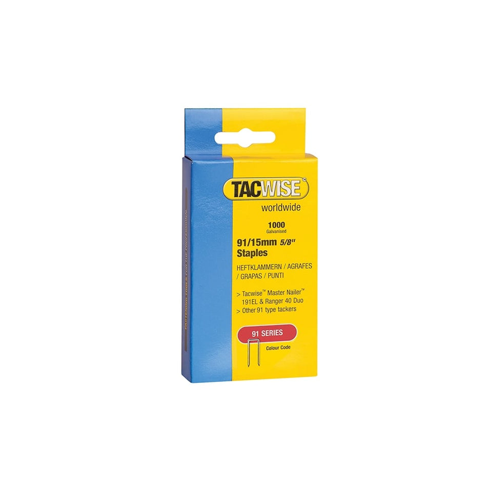 Tacwise 91 Narrow Crown Staples Divergent Point 15mm - Electric Tackers Pack 1000