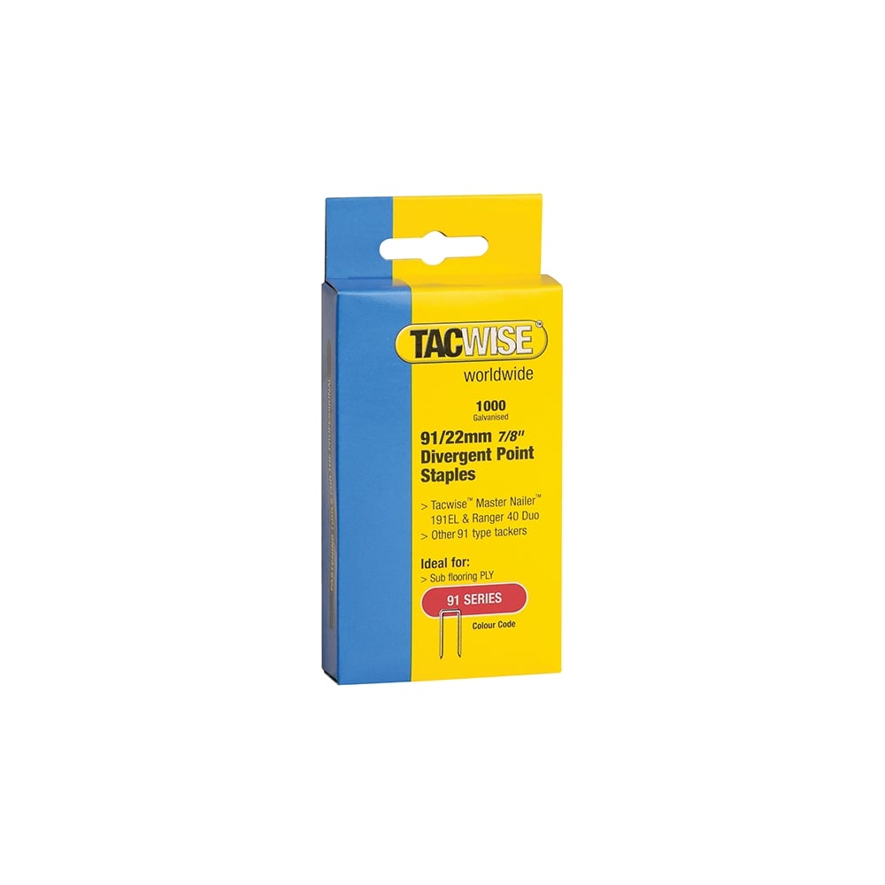 Tacwise 91 Narrow Crown Divergent Point Staples 22mm - Electric Tackers Pack 1000