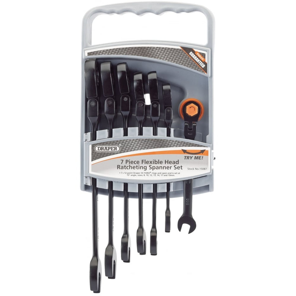 DRAPER Combination Spanner Set with Flexible Heads (7 Piece): Model No. 8230FMM/7/BK