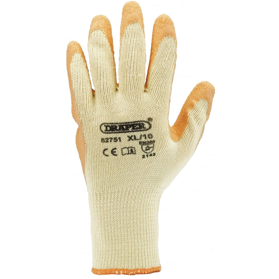 DRAPER Pack of Ten, Orange Heavy Duty Latex Coated Work Gloves - Extra Large: Model No. HDLGA/B