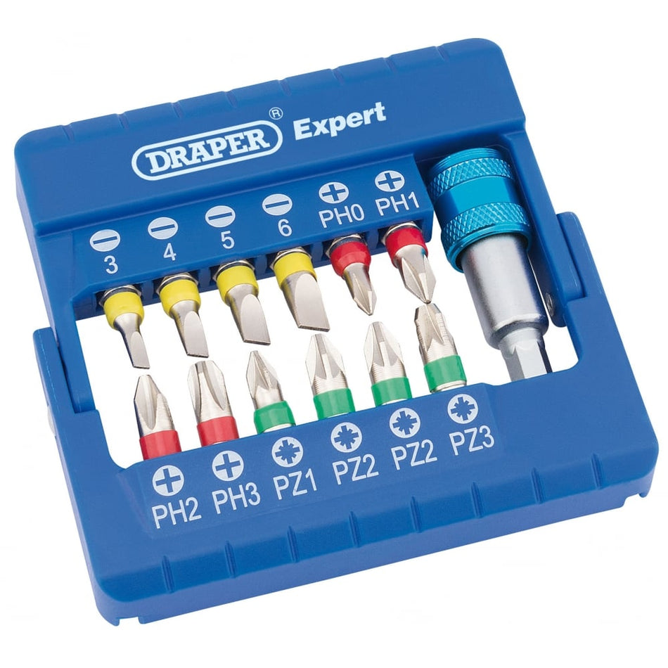 DRAPER Coloured Screwdriver Bit Set With Magnetic Holder (13 piece): Model No. CMBH13