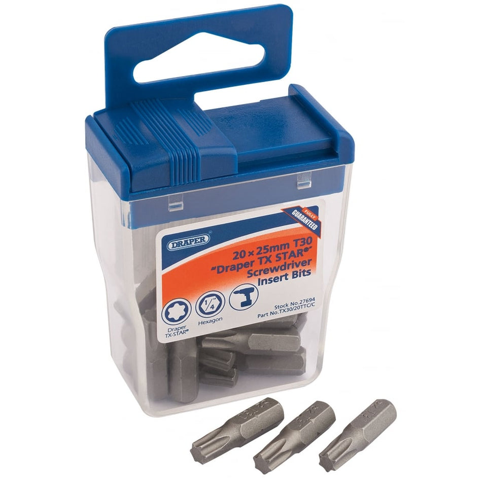 DRAPER 20 x Draper TX-Star; 25mm Long Insert Bits in Plastic Storage Case: Model No. TX30/20TTC/C