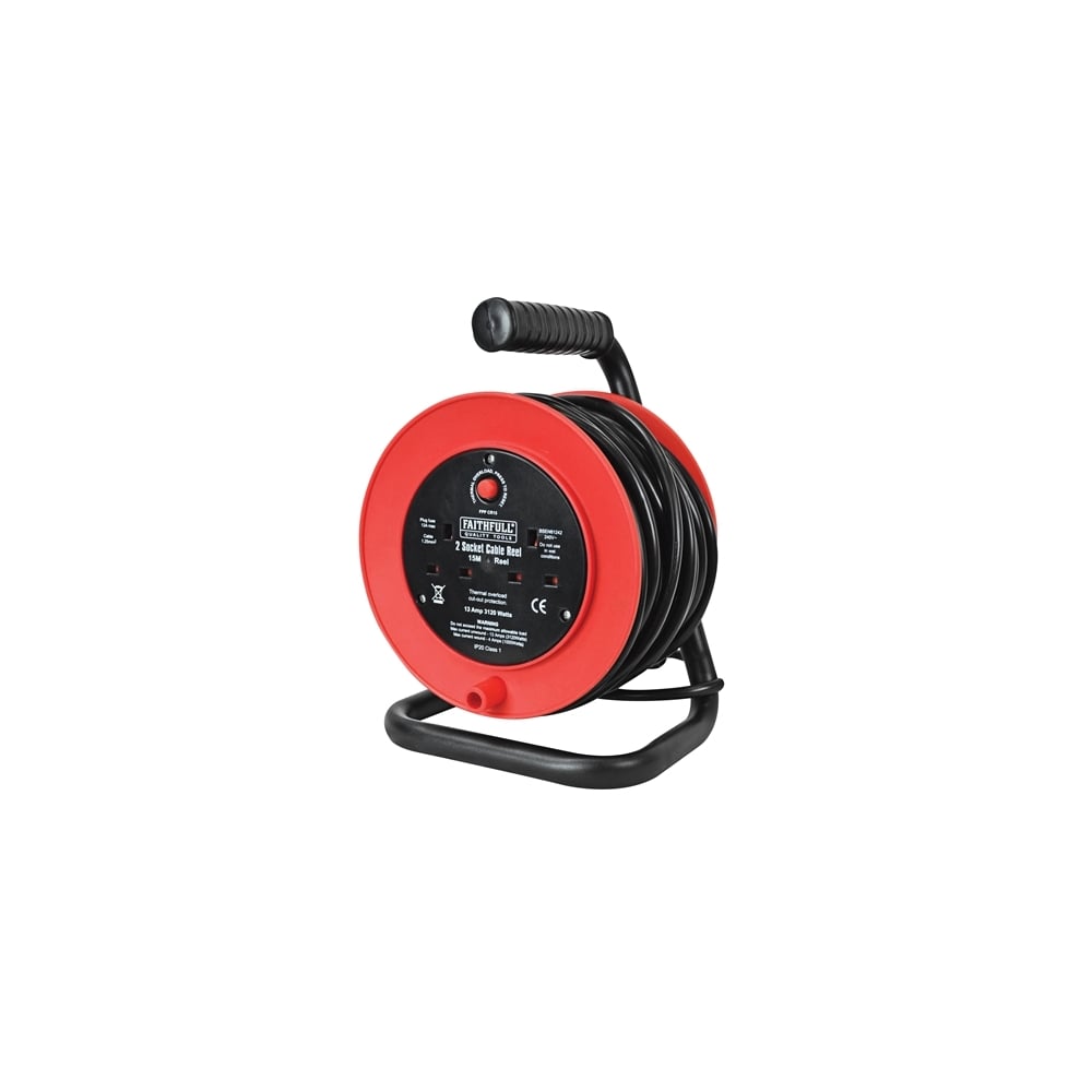 Faithfull Power Plus Open Drum Cable Reel 240 Volt 15 Metre 13 Amp 2 Socket