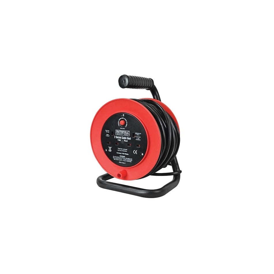 Faithfull Power Plus Open Drum Cable Reel 240 Volt 15 Metre 13 Amp 2 Socket