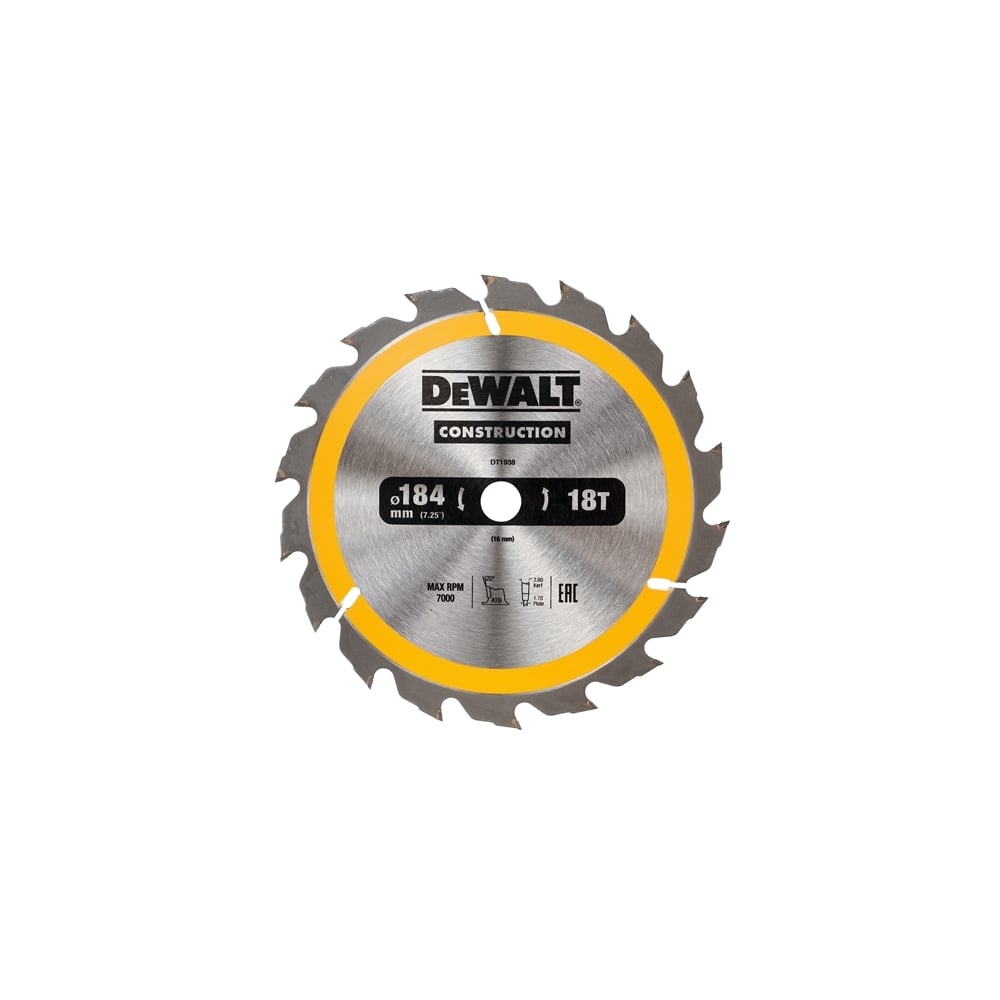 DEWALT Construction Circular Saw Blade 184 x 16mm x 18T
