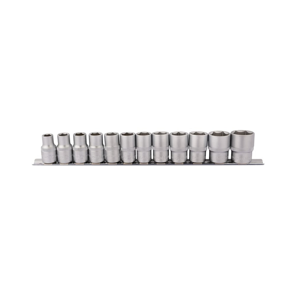 DRAPER 1/2" Square Drive Socket Set on Metal Rail (12 Piece) : Model No. HD12MM