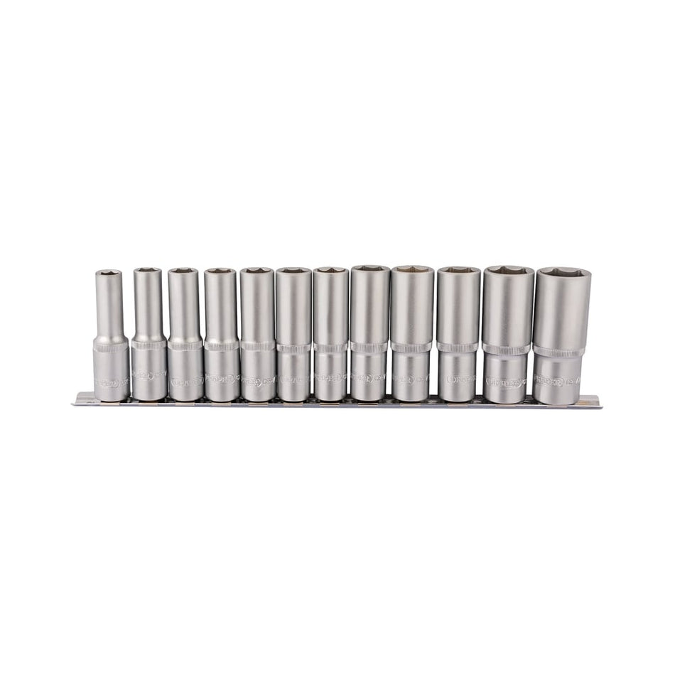 DRAPER 1/2" Square Drive Deep Socket Set on Metal Rail (12 Piece) : Model No. HD12MMD