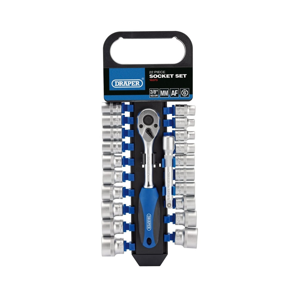 DRAPER 3/8" Sq. Dr. Combined MM/AF Socket and Ratchet Set (22 piece) : Model No. DD22AM/PR