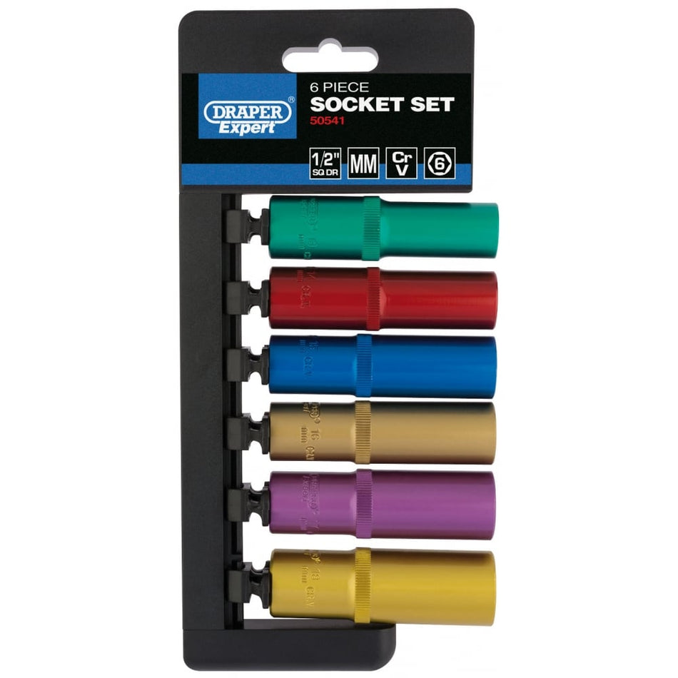 DRAPER 1/2" Sq. Dr. Metric Coloured Deep Socket Set (10 Piece): Model No. H6M/6PT/C/E