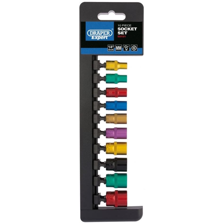 DRAPER 1/4" Sq. Dr. Metric Coloured Socket Set (10 Piece)Piece): Model No. B10M/6PT/C/E