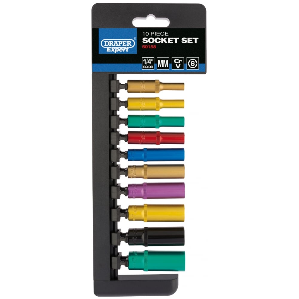 DRAPER 1/4" Sq. Dr. Metric Coloured Deep Socket Set (10 Piece): Model No. B10MD/6PT/C/E