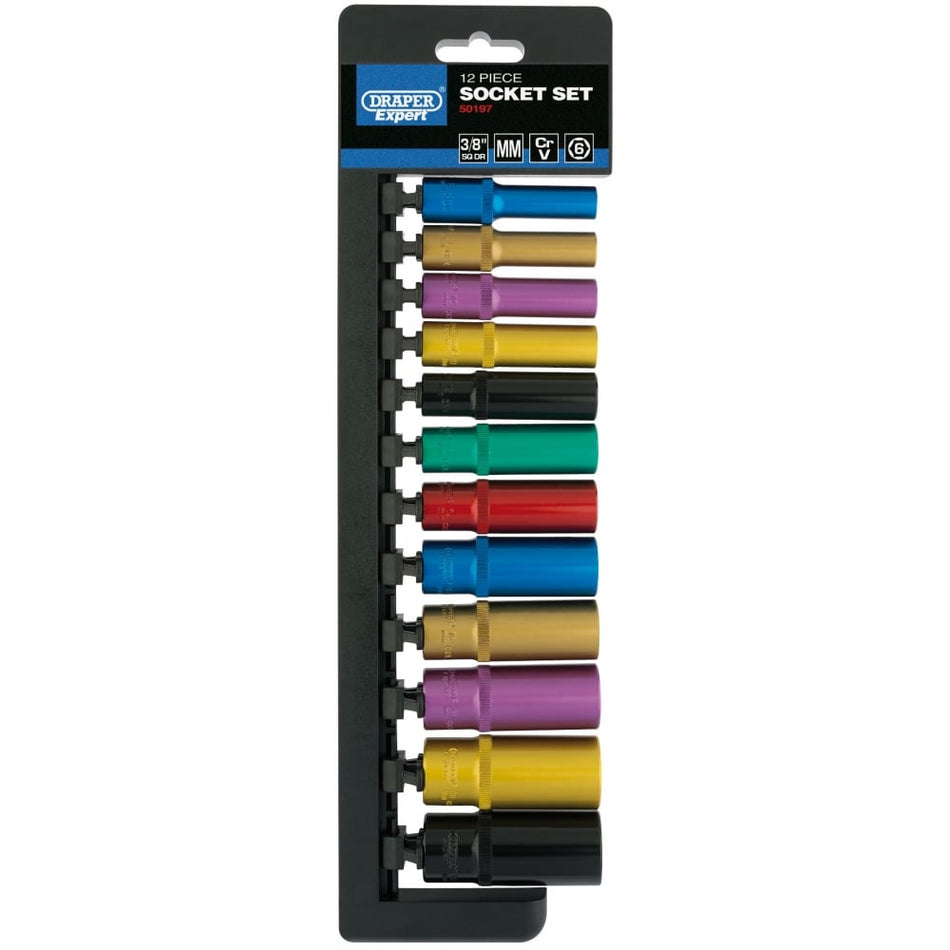 DRAPER 3/8" Sq. Dr. Metric Coloured Deep Socket Set (12 Piece): Model No. D9MD/6PT/C/E