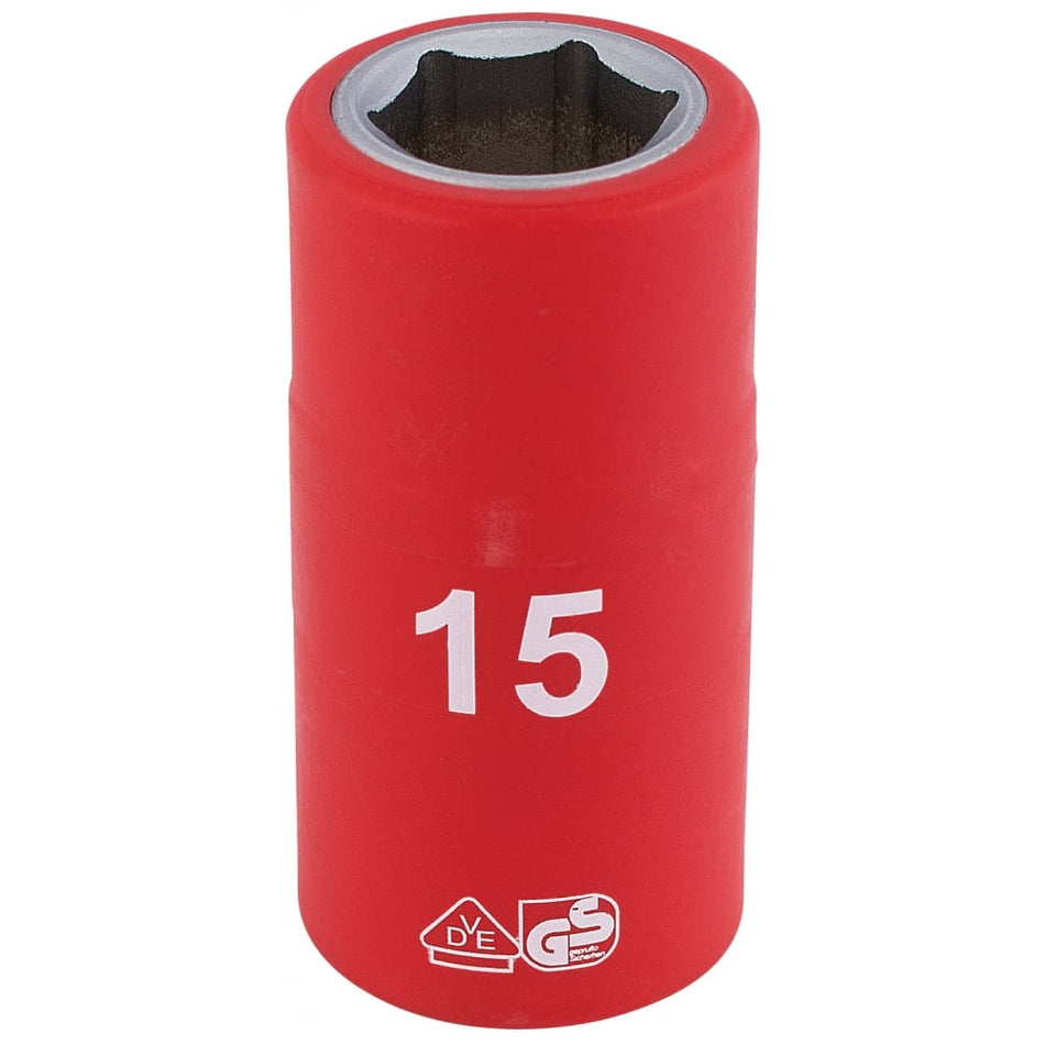 DRAPER 1/2" Sq. Dr. Fully Insulated VDE Socket (15mm): Model No. H6VDE-MM/B