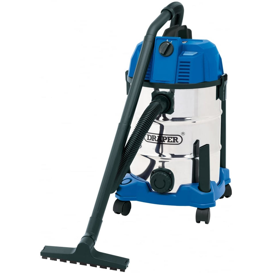 DRAPER 30L Wet and Dry Vacuum Cleaner with Stainless Steel Tank (1600W): Model No. WDV30SSB