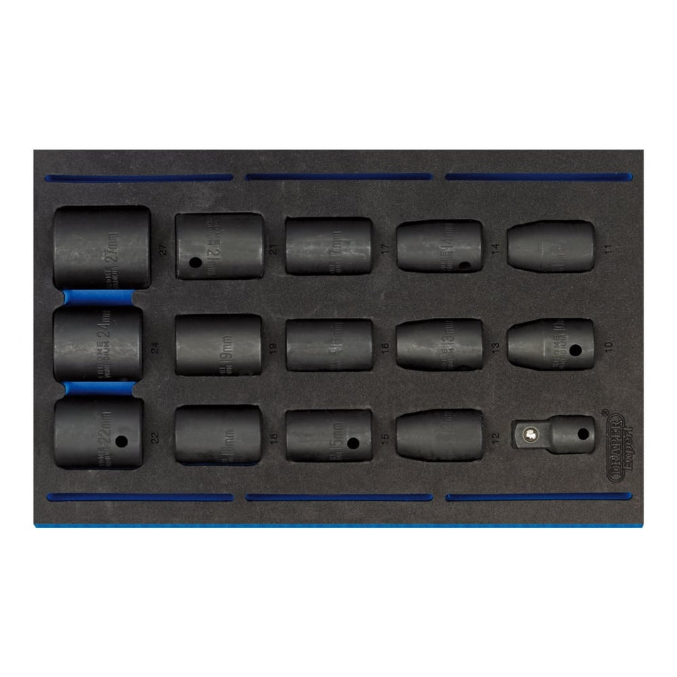 DRAPER 1/2" Sq. Dr. Impact Socket Set in 1/4 Drawer EVA Insert Tray (15 Piece): Model No. IT-EVA18