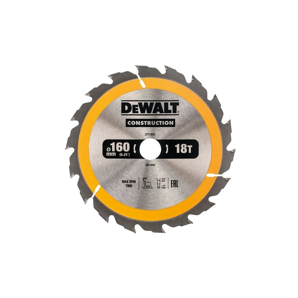 DEWALT Construction Circular Saw Blade 160 x 20mm x 18T