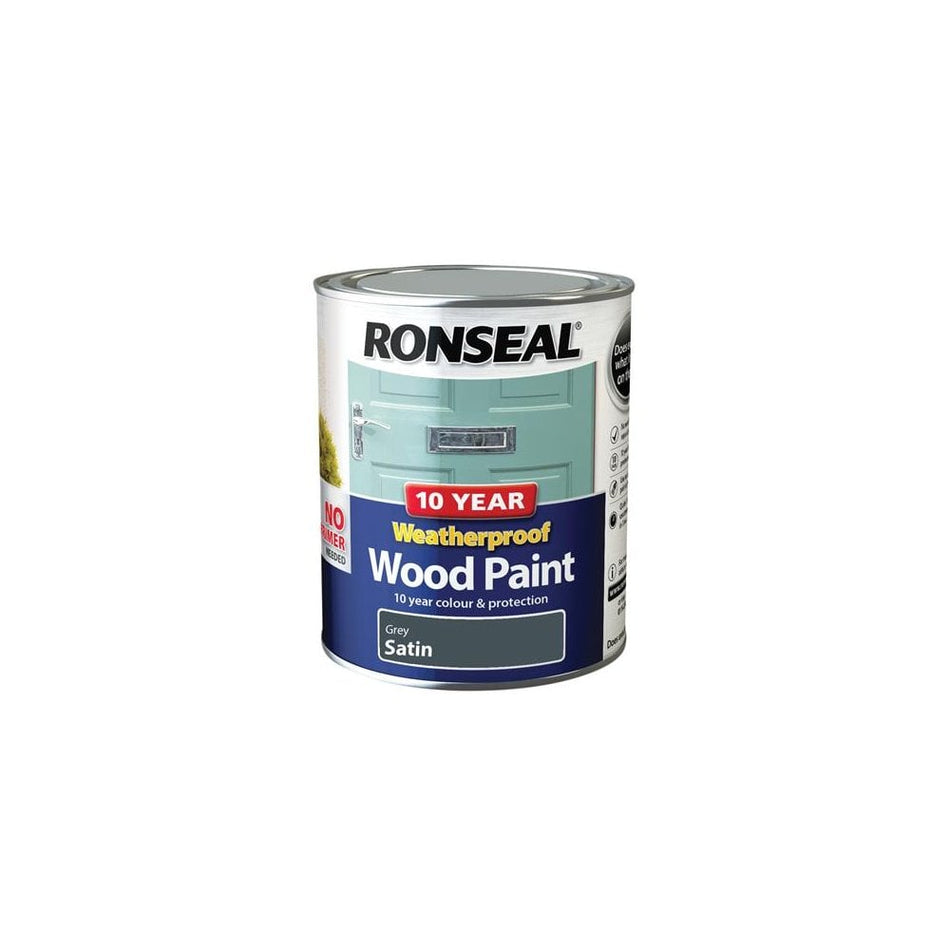 Ronseal 10 Year Weatherproof 2-in-1 Wood Paint Grey Satin 750ml